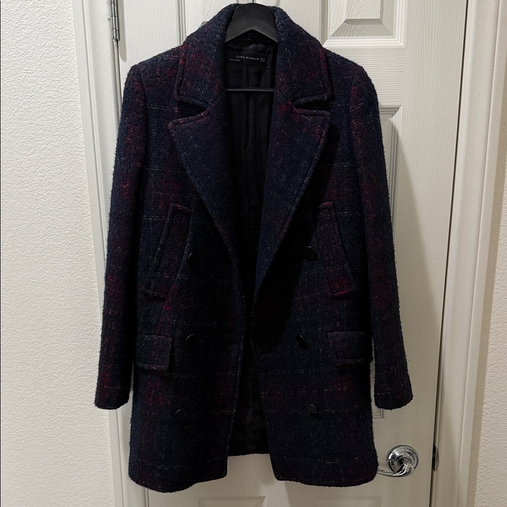 ZARA WOMAN Textured Plaid Double Breasted Pea Coat XS Dark Navy Red Tweed